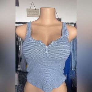 Brandy Melville White and Blue Fitted Sleeveless Tank Top